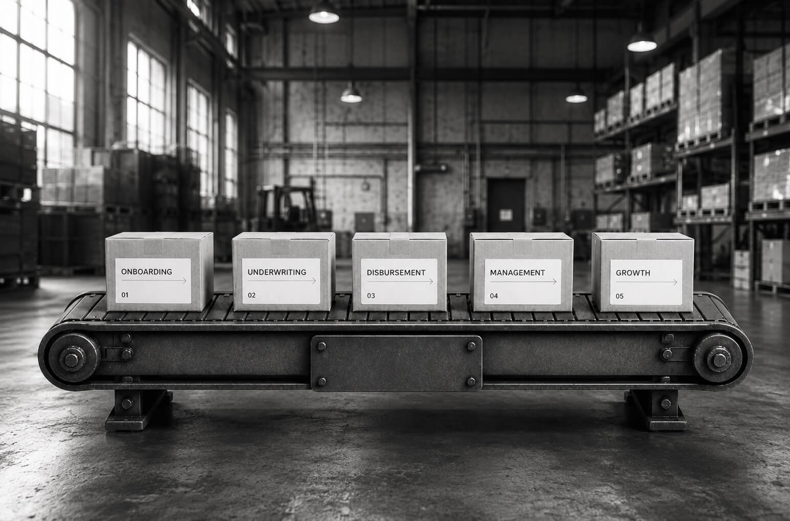 Conveyor belt with portfolio lifecycle stages from onboarding through growth
