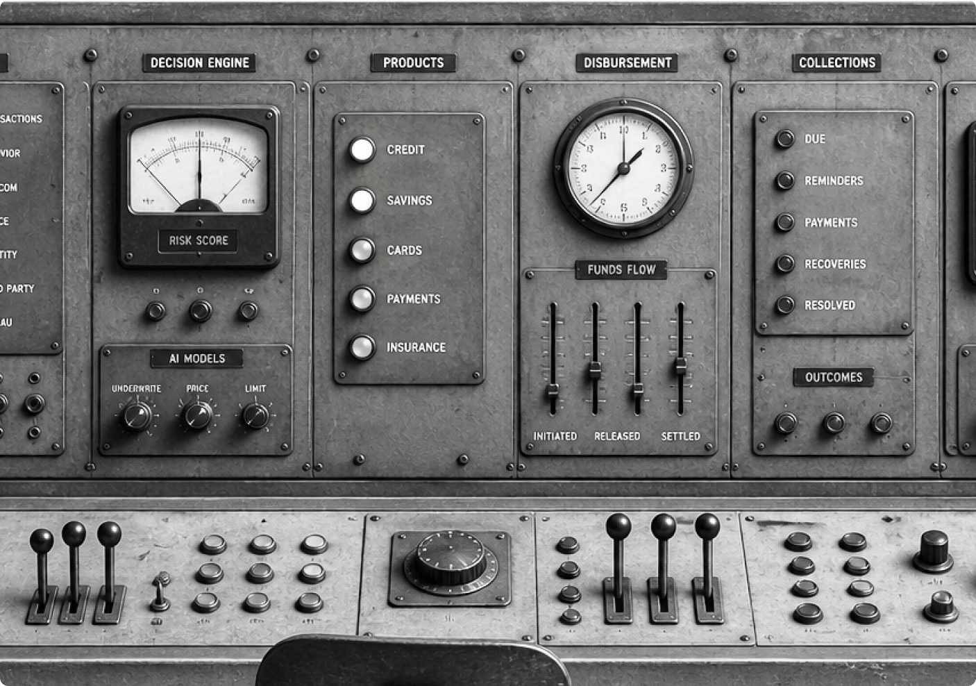 Vintage control room console with decision engine and product switches