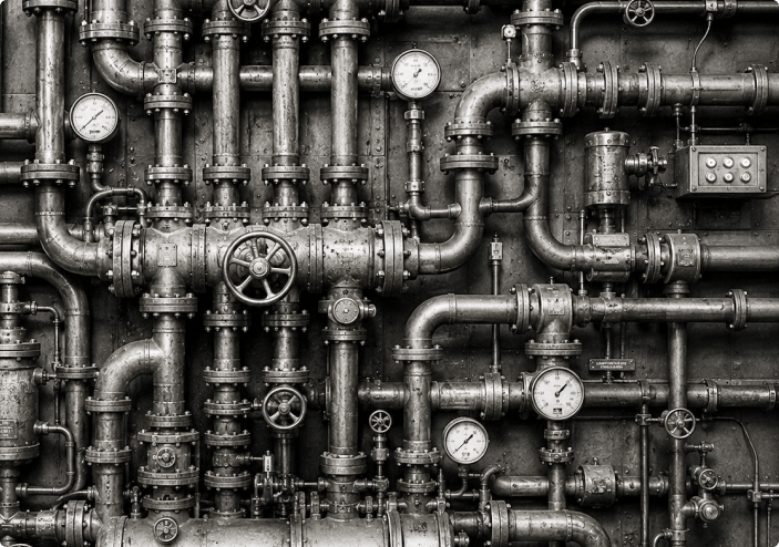 Industrial pipes and pressure gauges representing data flows