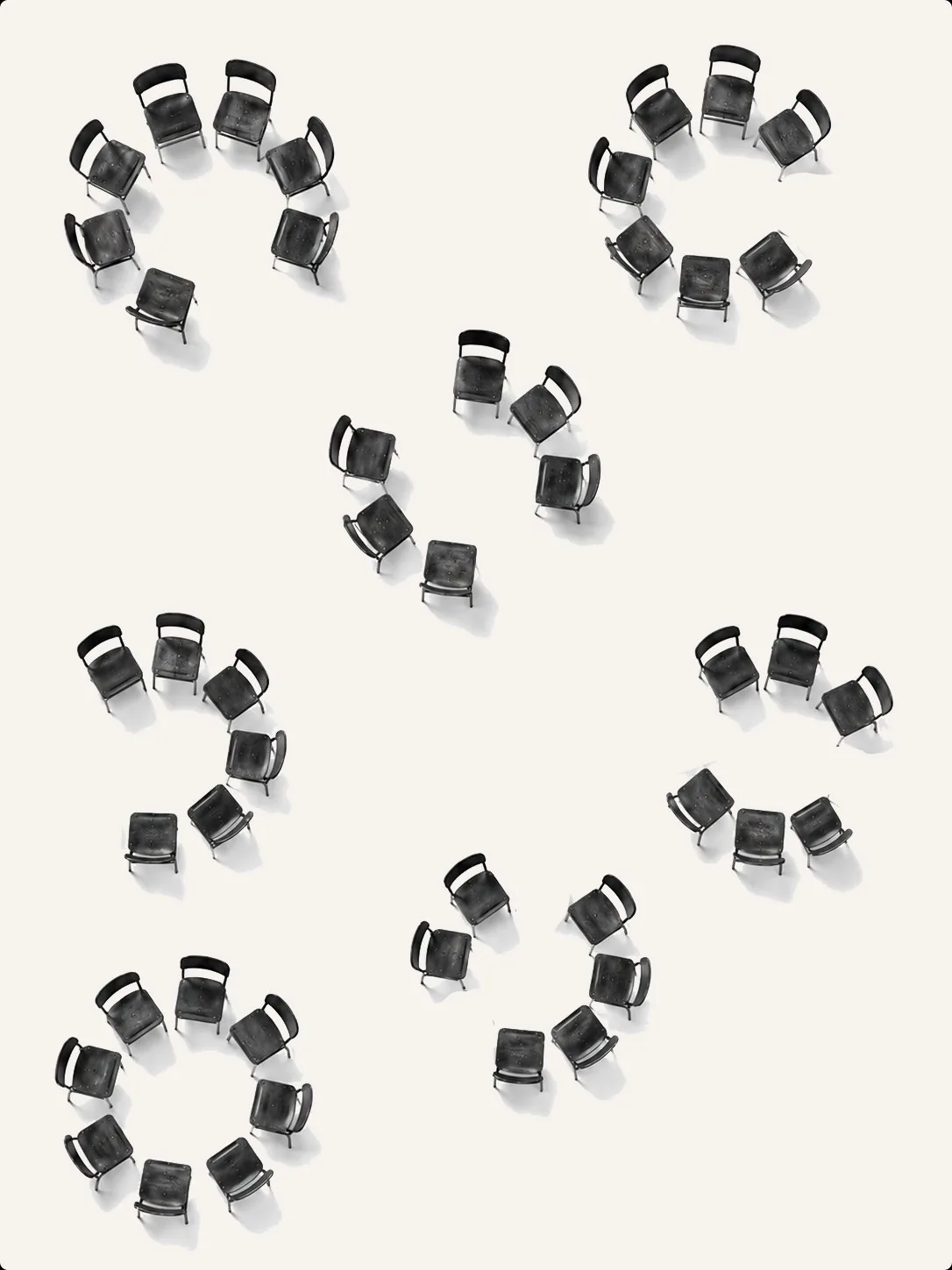 Chairs arranged in circles representing group meetings