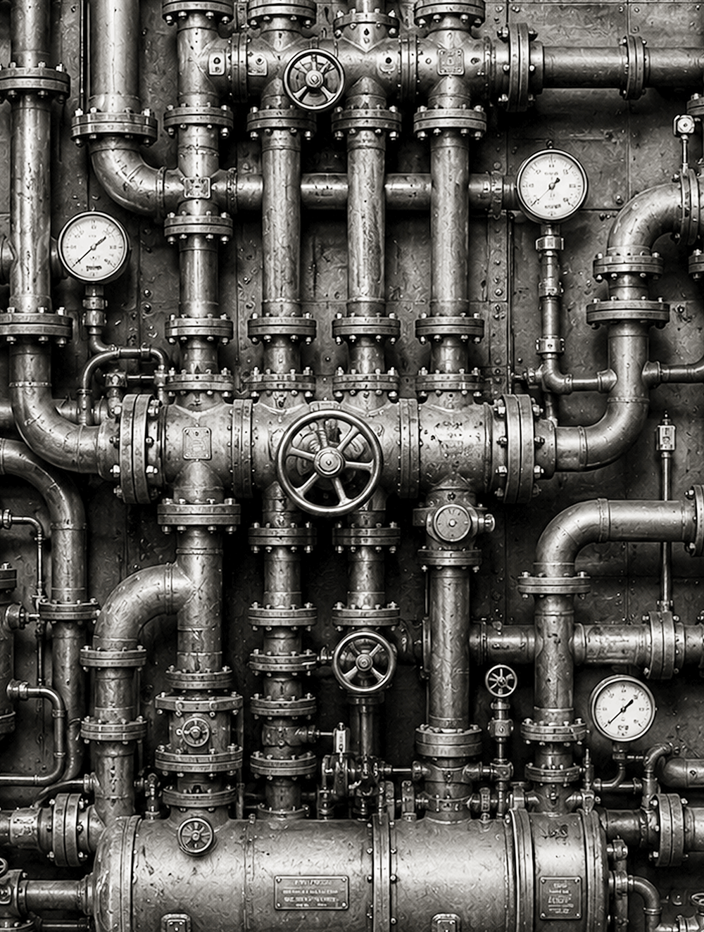 Industrial pipes and pressure gauges